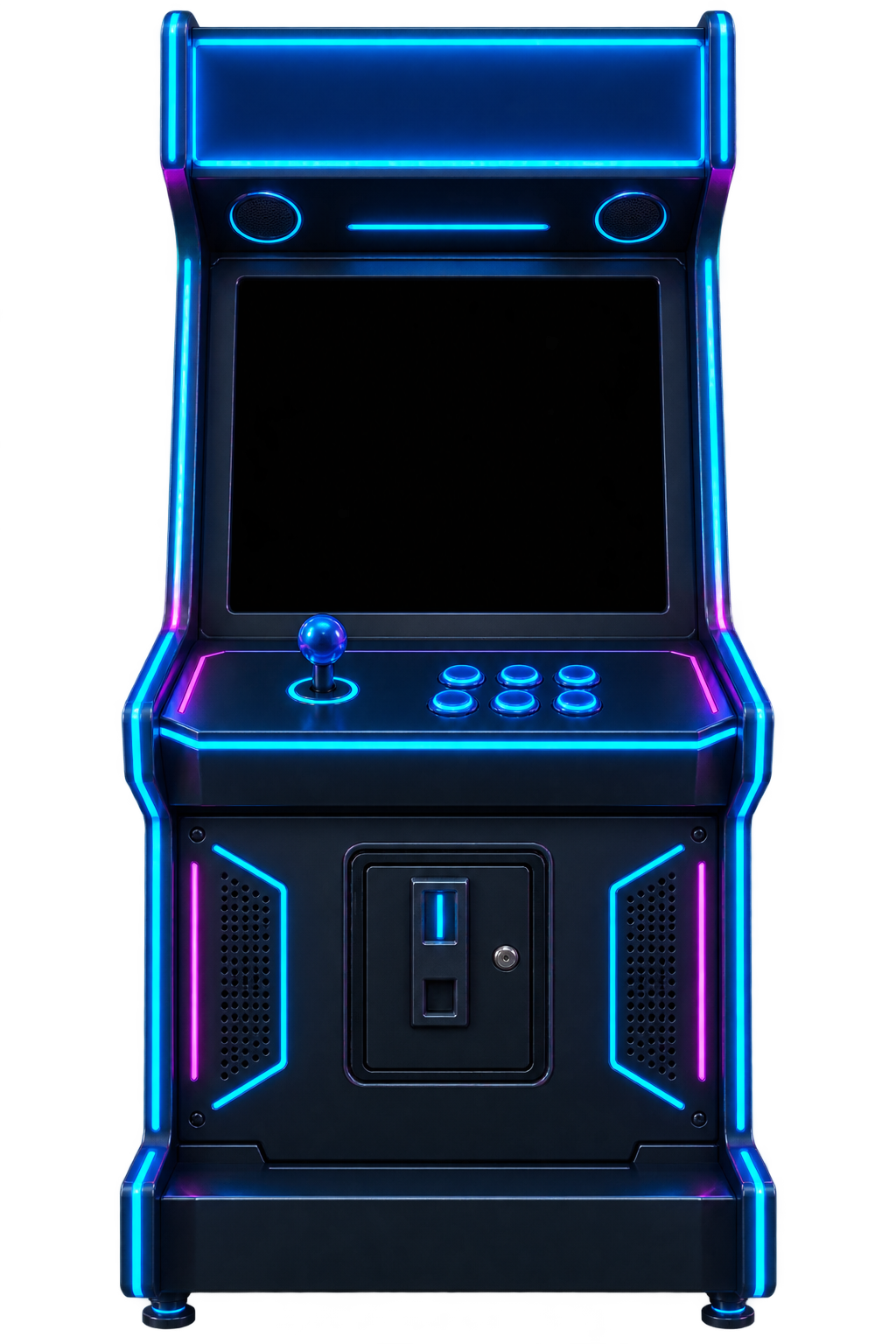 青と紫のネオンが光るアーケードゲーム筐体